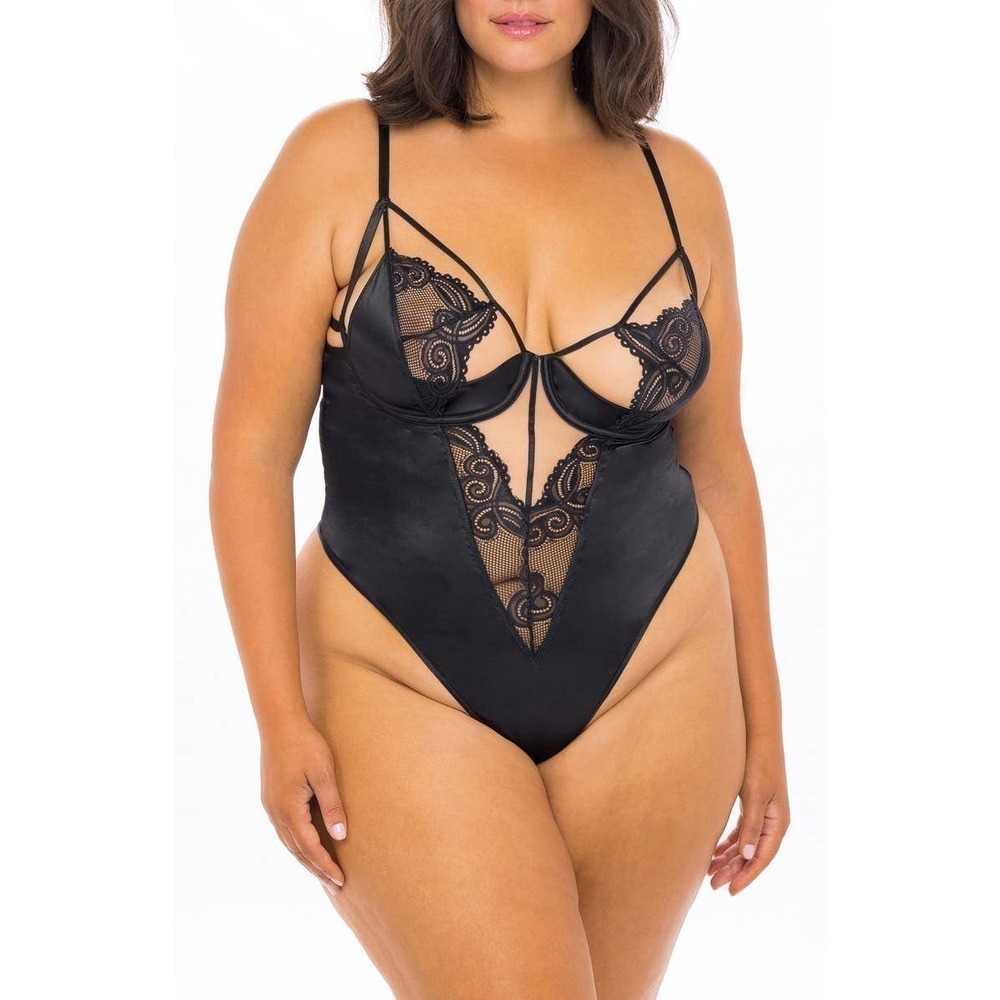 OH LA LA CHERI Satin & Lace Underwire Thong Bodysuit Black Women's Size L